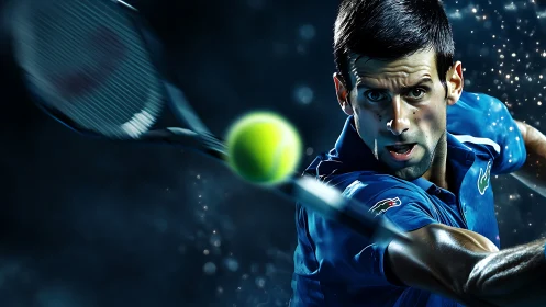 Tennis player drives powerful forehand under dramatic lights