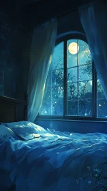 Moonlit bedroom interior shows unmade bed and arched window