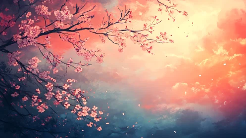 Soft cherry blossoms reach into a glowing pastel sky