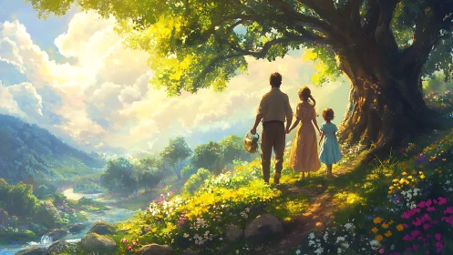 Sunlit family stroll celebrates quiet love beneath old tree