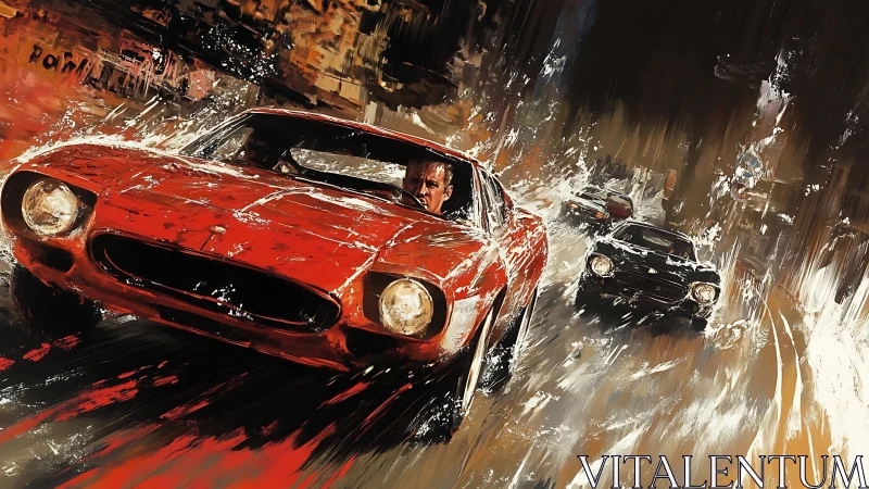 Red sports car leads high-speed pursuit through abstract city street