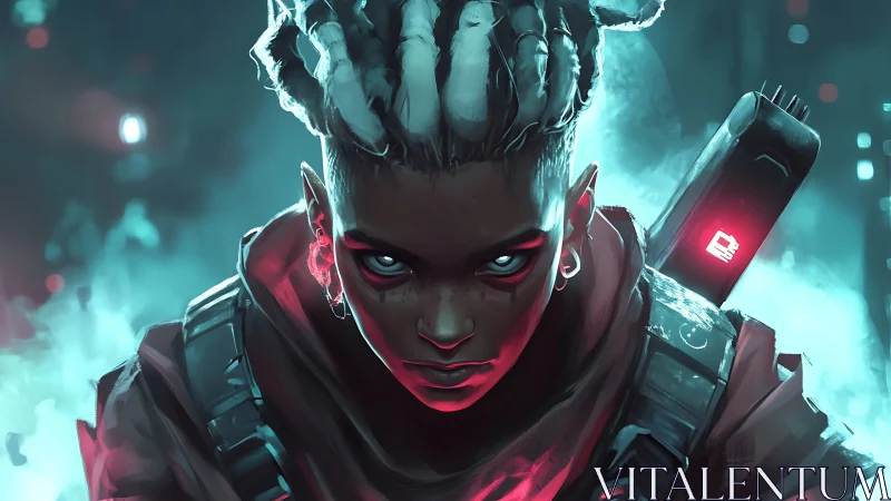 Cyberpunk vigilante rendered in neon teal and magenta contrast