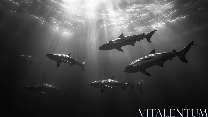 Sharks glide through sunlit depths in a dramatic seascape