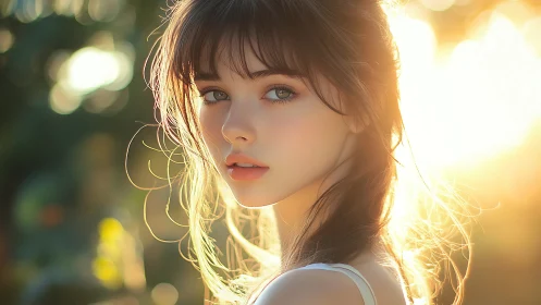 Sunlit portrait of a young woman in dreamy golden glow.