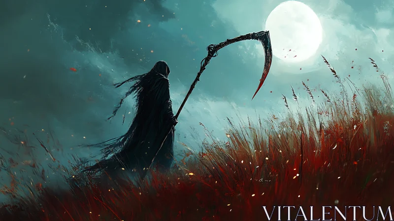 Grim reaper silhouette stalks a blood-red field at moonrise.