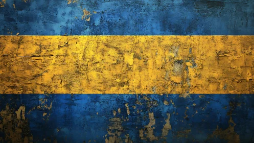 Horizontal yellow band intersects distressed blue painted surface