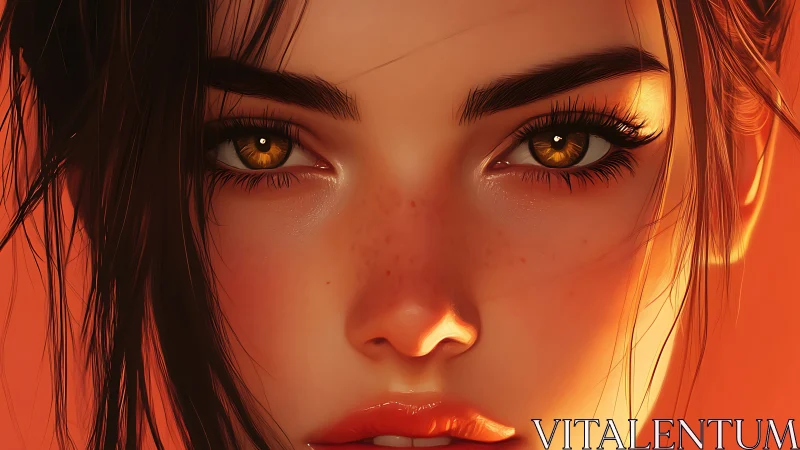 Hyperreal close-up portrait of freckled woman with amber eyes