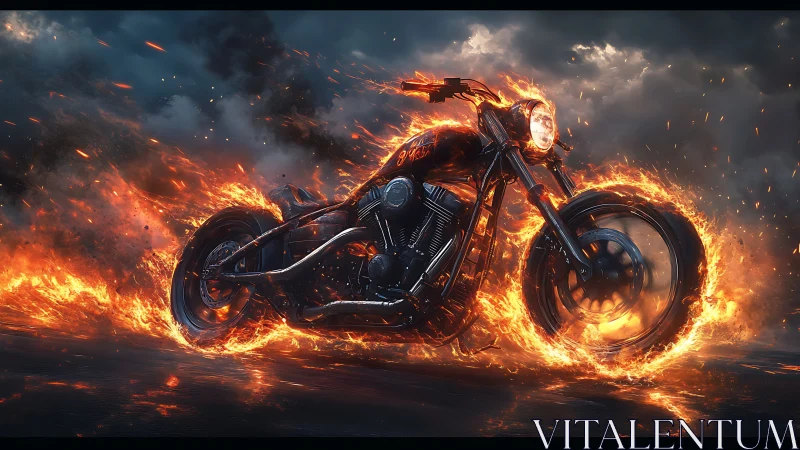 Flaming custom motorcycle tearing through storm firestorm.
