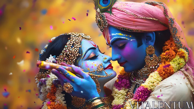 Tender divine embrace in vibrant festival colors of love.