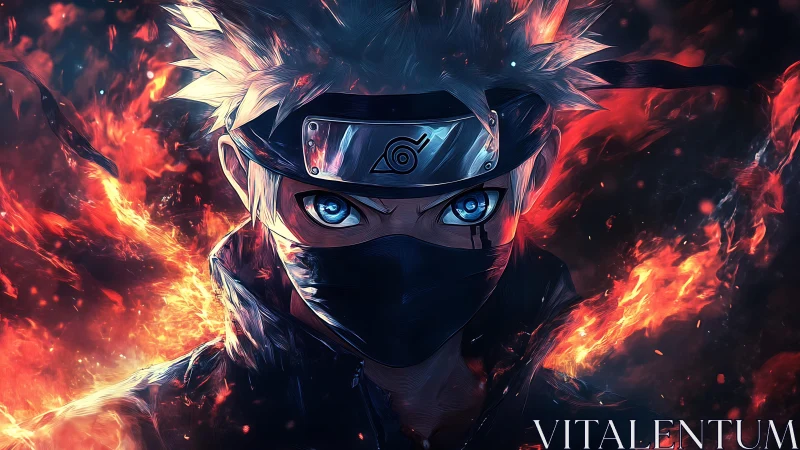 Masked ninja warrior framed by blazing elemental fire.