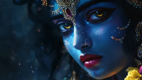Blue-skinned divine portrait with jeweled gaze and firelit glow.