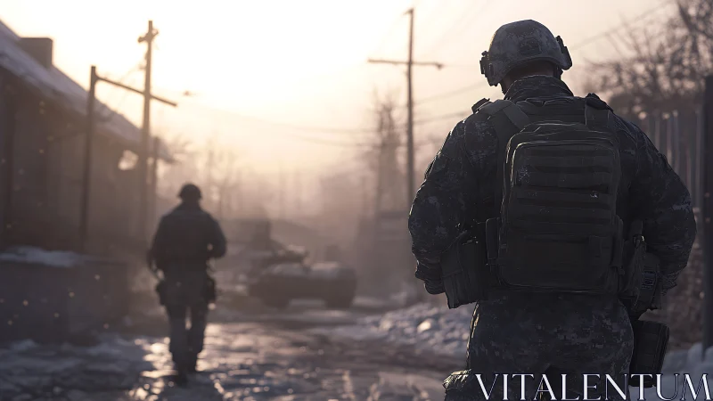 Backlit soldiers advancing through misty winter street.