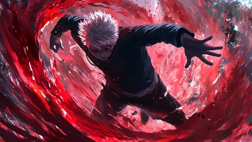 Crimson vortex swallows a silver‑haired warrior mid‑lunge