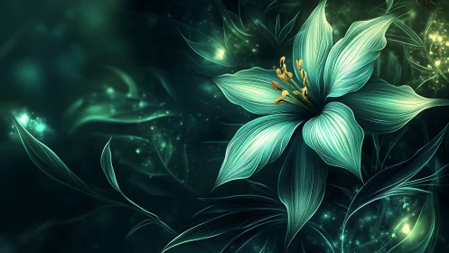 Glowing teal fantasy flower on dark abstract background.