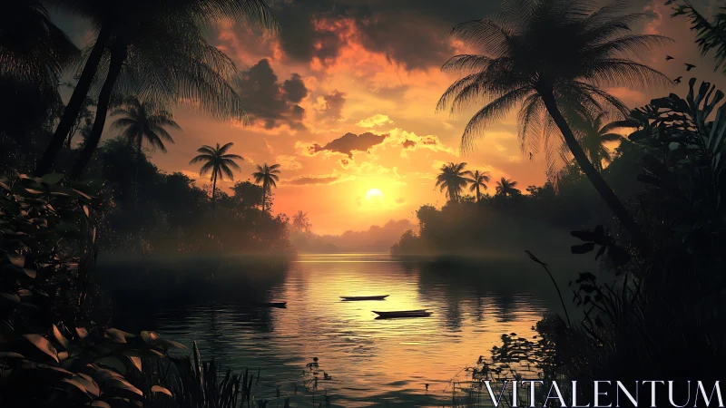 Luminous tropical sunset bathes a tranquil jungle river.