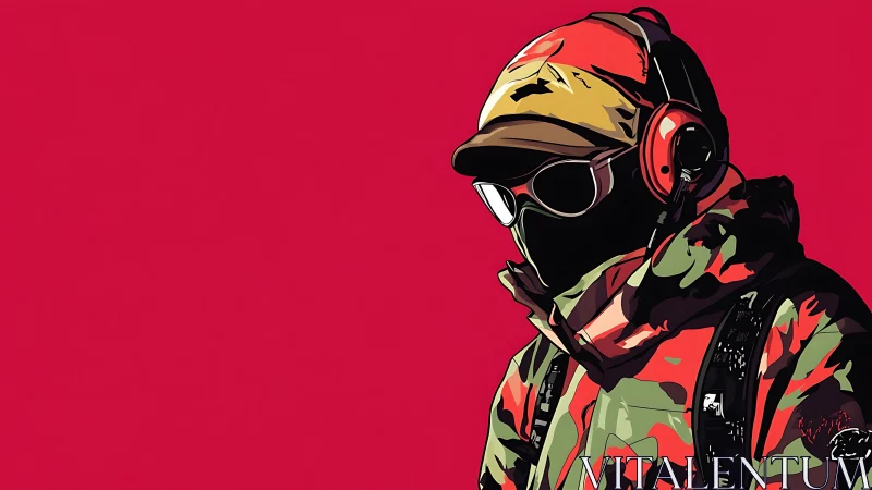 Urban explorer in bold camo and headphones on red backdrop.