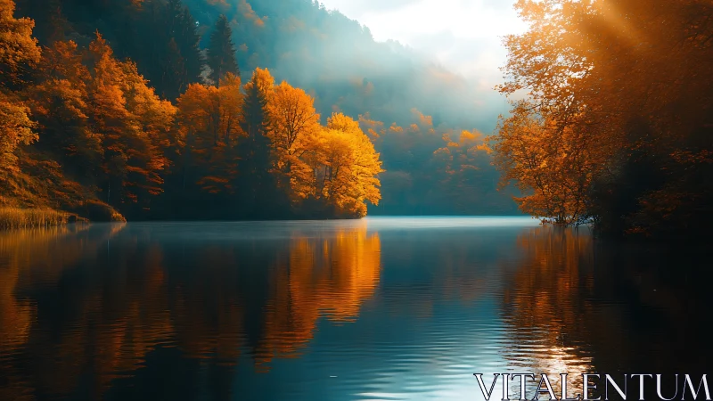 Calm forest lake with vivid autumn foliage reflections.