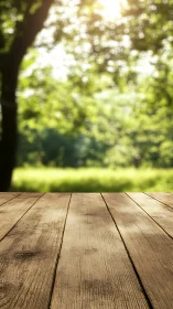 Weathered Wood Deck Overlooking Sunlit Garden.