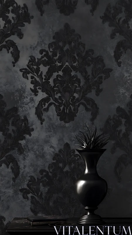 Black vase against dark damask wall in moody lighting.