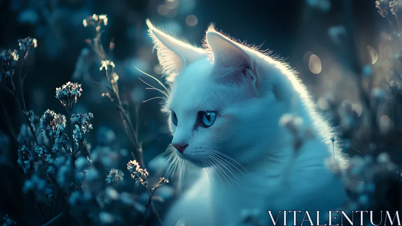White Cat's Magical Garden Moment in Ethereal Blue Light.