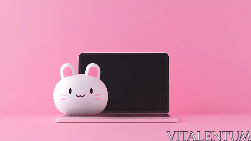 Cute bunny figurine positioned before closed laptop screen