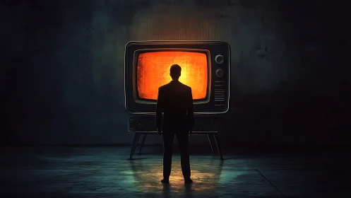 Silhouetted observer before incandescent cathode-ray monitor.