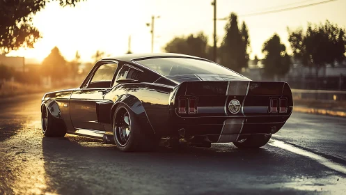 Restomod fastback muscle car at sunset on wet urban street