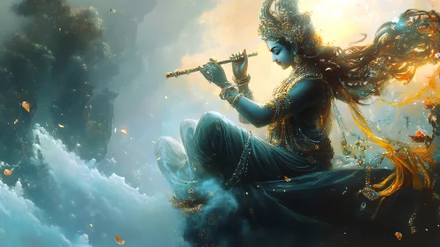 Divine blue figure plays flute amid clouds and light.