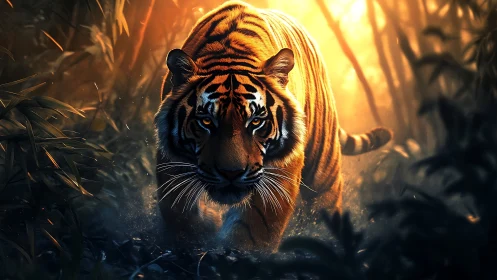 Majestic tiger stalks through glowing jungle at sunrise.