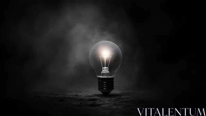Single glowing lightbulb in moody low key studio scene.