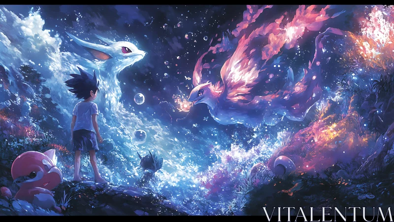 Child meets luminous elemental creatures in cosmic forest