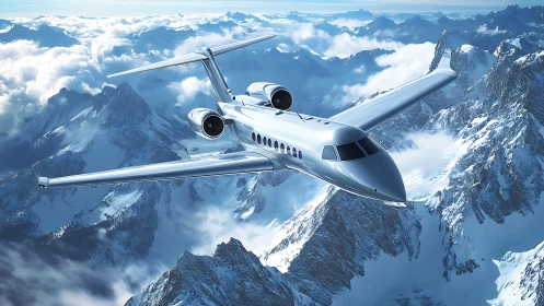 Sleek private jet flying above dramatic snowy mountains.