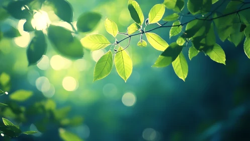 Sunlit green leaves with soft bokeh background, nature photography.