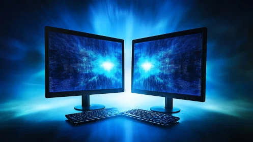 Dual desktop monitors display mirrored blue digital burst