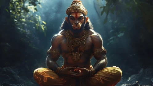 Simian-headed figure in ornate attire seated in forest setting.