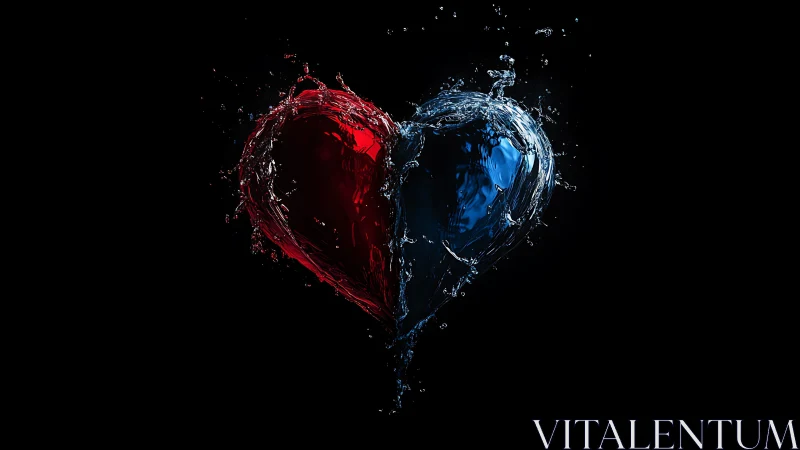 Fluid Dynamics Heart: Red and Blue Liquid Collision.