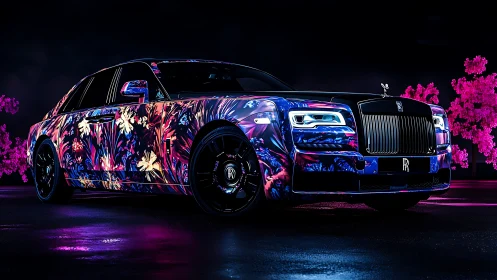 Neon floral-wrapped luxury sedan rendered in cyber-noir lighting
