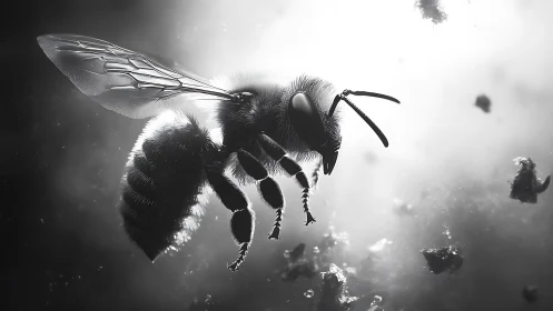 Luminous bee in midair, dancing through drifting stardust.