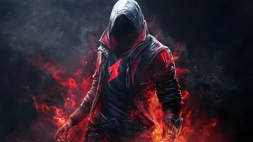 Hooded fire-wreathed figure in red and black jacket.