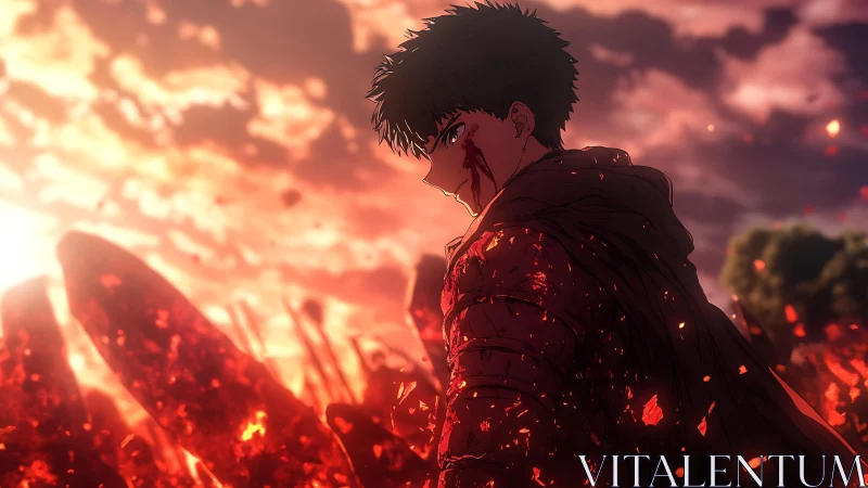 Battle-scarred anime warrior in molten dusk embers panorama.