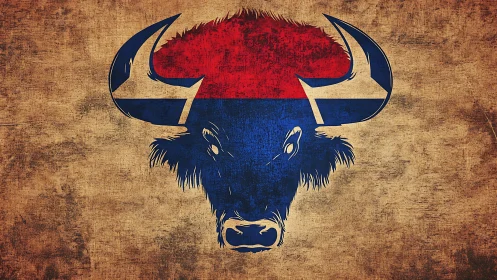 Grunge-textured stylized bison head in red and blue silhouette