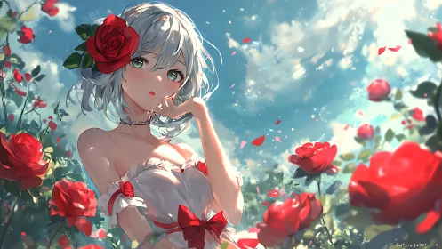 Silver-haired anime girl in rose garden under luminous sky
