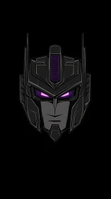 Midnight robot warrior gazes out with calm purple light