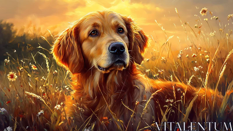 Golden retriever daydream in a sunlit wildflower field.