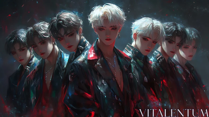 Seven ethereal idols stand in neon-lit cinematic darkness
