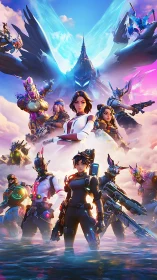 Neon sky warriors assemble beneath a crystalline cyber phoenix.