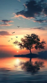 Lone tree on small island framed by vivid sunset sky.