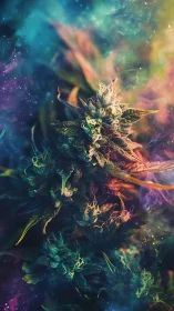 Dreamy cannabis blossoms glow in swirling cosmic color mist