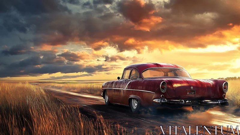 Vintage red coupe on rural dirt road at stormy sunset.