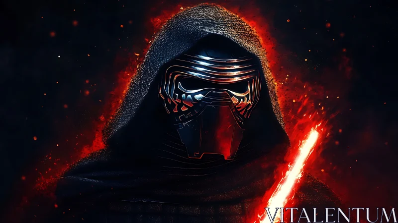 Masked dark warrior with fiery blade in red glow.